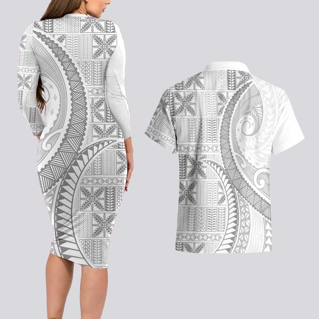 Niue White Sunday Couples Matching Long Sleeve Bodycon Dress and Hawaiian Shirt Niuean Lotu Tamaiti Hiapo Pattern LT9 - Polynesian Pride