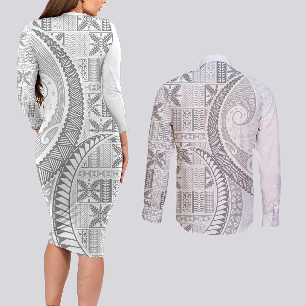 Niue White Sunday Couples Matching Long Sleeve Bodycon Dress and Long Sleeve Button Shirt Niuean Lotu Tamaiti Hiapo Pattern LT9 - Polynesian Pride