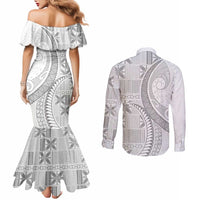Niue White Sunday Couples Matching Mermaid Dress and Long Sleeve Button Shirt Niuean Lotu Tamaiti Hiapo Pattern LT9 - Polynesian Pride