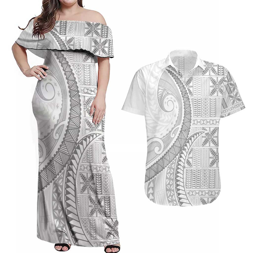 Niue White Sunday Couples Matching Off Shoulder Maxi Dress and Hawaiian Shirt Niuean Lotu Tamaiti Hiapo Pattern LT9 White - Polynesian Pride