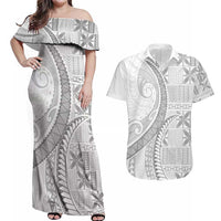 Niue White Sunday Couples Matching Off Shoulder Maxi Dress and Hawaiian Shirt Niuean Lotu Tamaiti Hiapo Pattern LT9 White - Polynesian Pride