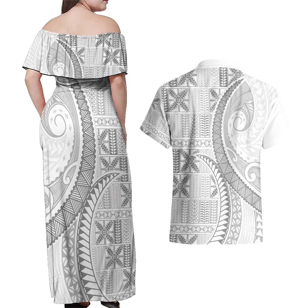 Niue White Sunday Couples Matching Off Shoulder Maxi Dress and Hawaiian Shirt Niuean Lotu Tamaiti Hiapo Pattern LT9 - Polynesian Pride