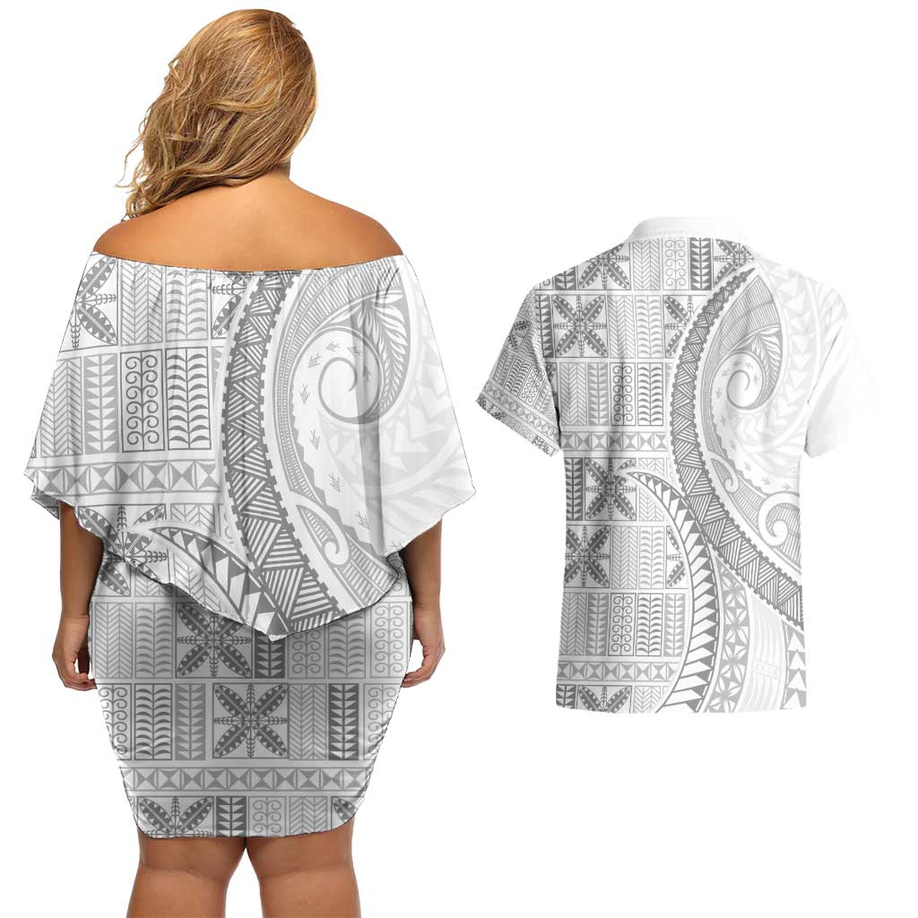 Niue White Sunday Couples Matching Off Shoulder Short Dress and Hawaiian Shirt Niuean Lotu Tamaiti Hiapo Pattern LT9 - Polynesian Pride