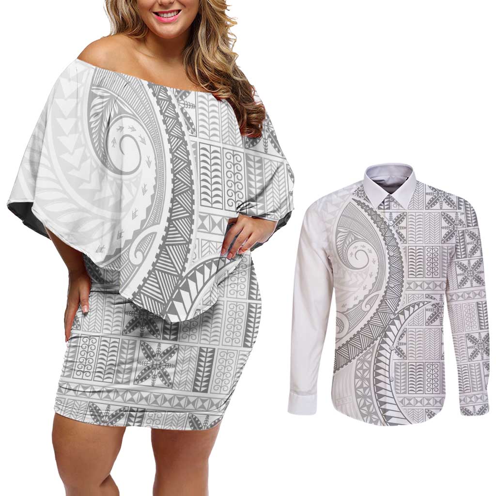 Niue White Sunday Couples Matching Off Shoulder Short Dress and Long Sleeve Button Shirt Niuean Lotu Tamaiti Hiapo Pattern LT9 White - Polynesian Pride