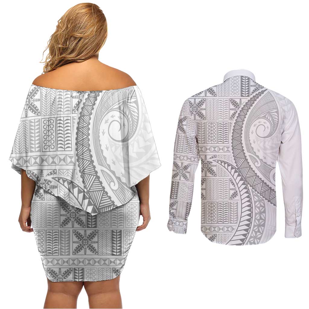 Niue White Sunday Couples Matching Off Shoulder Short Dress and Long Sleeve Button Shirt Niuean Lotu Tamaiti Hiapo Pattern LT9 - Polynesian Pride