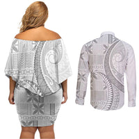 Niue White Sunday Couples Matching Off Shoulder Short Dress and Long Sleeve Button Shirt Niuean Lotu Tamaiti Hiapo Pattern LT9 - Polynesian Pride