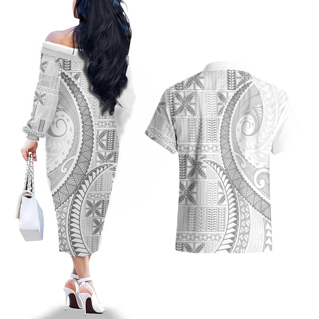 Niue White Sunday Couples Matching Off The Shoulder Long Sleeve Dress and Hawaiian Shirt Niuean Lotu Tamaiti Hiapo Pattern LT9 - Polynesian Pride