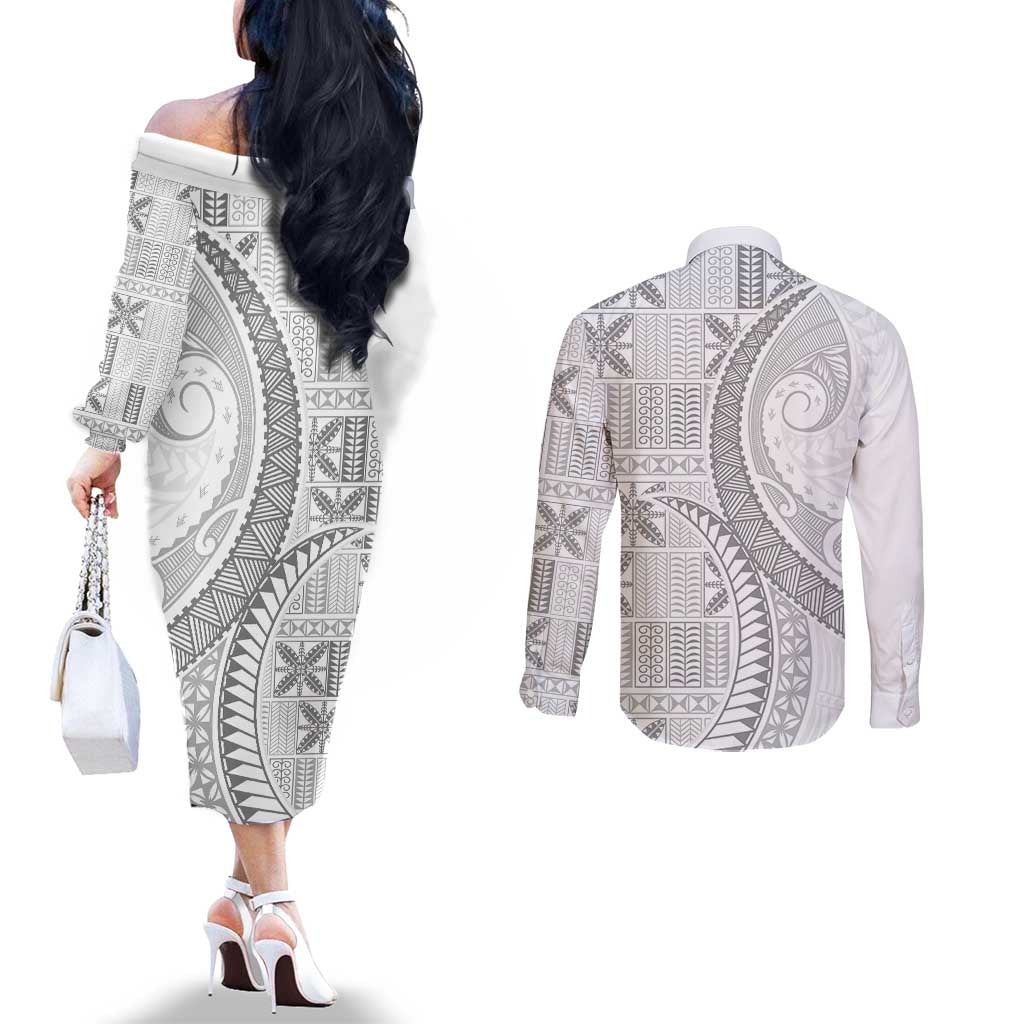 Niue White Sunday Couples Matching Off The Shoulder Long Sleeve Dress and Long Sleeve Button Shirt Niuean Lotu Tamaiti Hiapo Pattern LT9 - Polynesian Pride