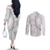 Niue White Sunday Couples Matching Off The Shoulder Long Sleeve Dress and Long Sleeve Button Shirt Niuean Lotu Tamaiti Hiapo Pattern LT9 - Polynesian Pride