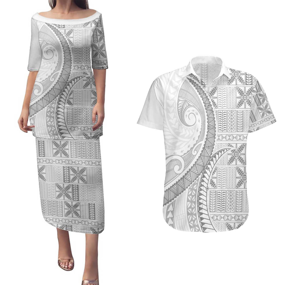 Niue White Sunday Couples Matching Puletasi and Hawaiian Shirt Niuean Lotu Tamaiti Hiapo Pattern LT9 White - Polynesian Pride