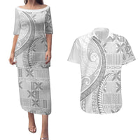 Niue White Sunday Couples Matching Puletasi and Hawaiian Shirt Niuean Lotu Tamaiti Hiapo Pattern LT9 White - Polynesian Pride