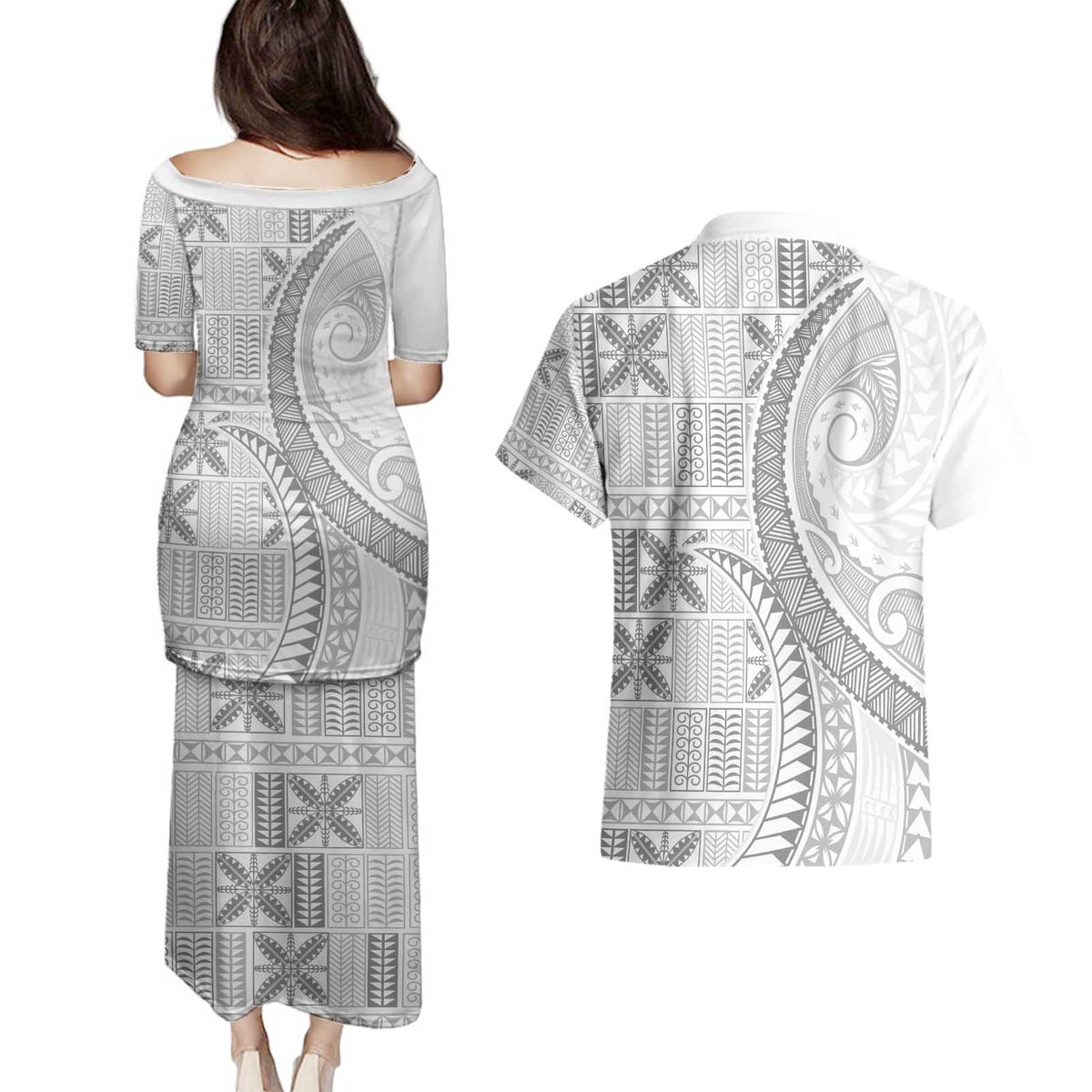 Niue White Sunday Couples Matching Puletasi and Hawaiian Shirt Niuean Lotu Tamaiti Hiapo Pattern LT9 - Polynesian Pride