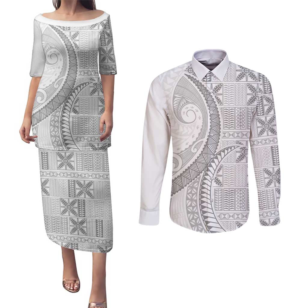 Niue White Sunday Couples Matching Puletasi and Long Sleeve Button Shirt Niuean Lotu Tamaiti Hiapo Pattern LT9 White - Polynesian Pride