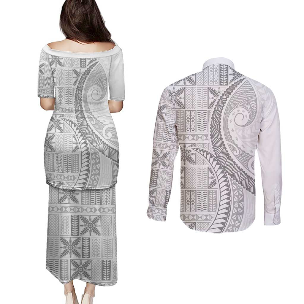 Niue White Sunday Couples Matching Puletasi and Long Sleeve Button Shirt Niuean Lotu Tamaiti Hiapo Pattern LT9 - Polynesian Pride