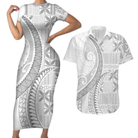 Niue White Sunday Couples Matching Short Sleeve Bodycon Dress and Hawaiian Shirt Niuean Lotu Tamaiti Hiapo Pattern LT9 White - Polynesian Pride