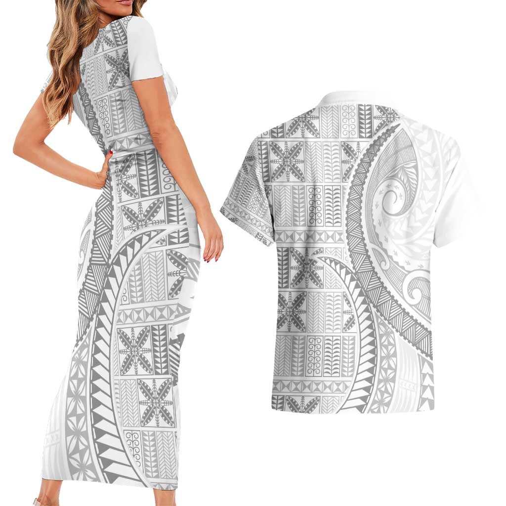 Niue White Sunday Couples Matching Short Sleeve Bodycon Dress and Hawaiian Shirt Niuean Lotu Tamaiti Hiapo Pattern LT9 - Polynesian Pride