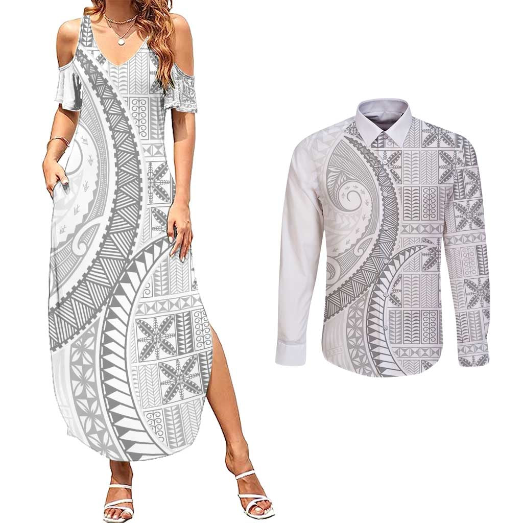Niue White Sunday Couples Matching Summer Maxi Dress and Long Sleeve Button Shirt Niuean Lotu Tamaiti Hiapo Pattern LT9 White - Polynesian Pride