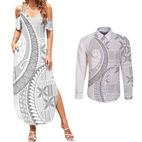 Niue White Sunday Couples Matching Summer Maxi Dress and Long Sleeve Button Shirt Niuean Lotu Tamaiti Hiapo Pattern LT9 White - Polynesian Pride