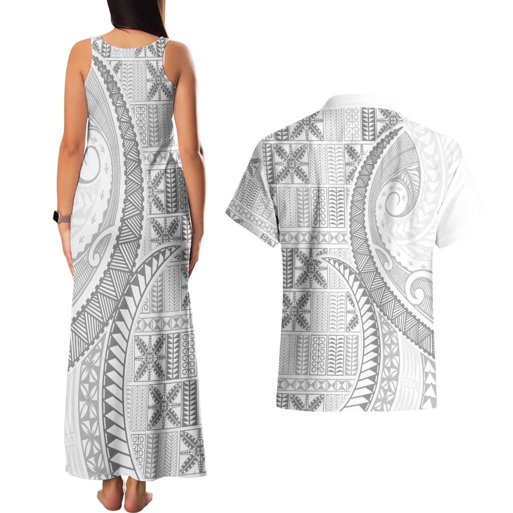 Niue White Sunday Couples Matching Tank Maxi Dress and Hawaiian Shirt Niuean Lotu Tamaiti Hiapo Pattern LT9 - Polynesian Pride
