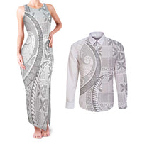 Niue White Sunday Couples Matching Tank Maxi Dress and Long Sleeve Button Shirt Niuean Lotu Tamaiti Hiapo Pattern LT9 White - Polynesian Pride