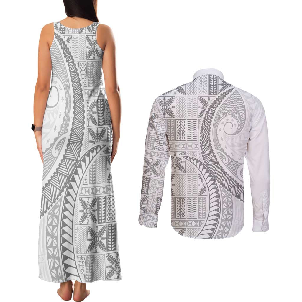 Niue White Sunday Couples Matching Tank Maxi Dress and Long Sleeve Button Shirt Niuean Lotu Tamaiti Hiapo Pattern LT9 - Polynesian Pride