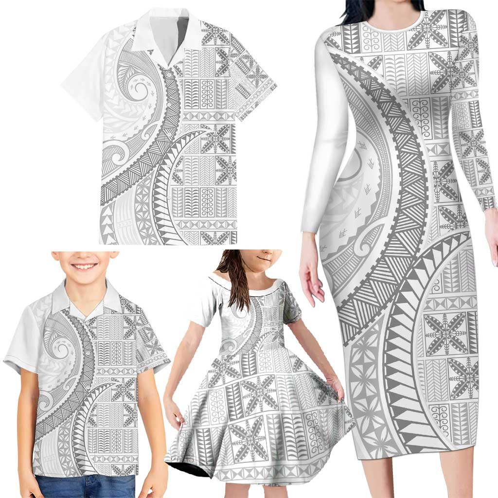 Niue White Sunday Family Matching Long Sleeve Bodycon Dress and Hawaiian Shirt Niuean Lotu Tamaiti Hiapo Pattern LT9 - Polynesian Pride