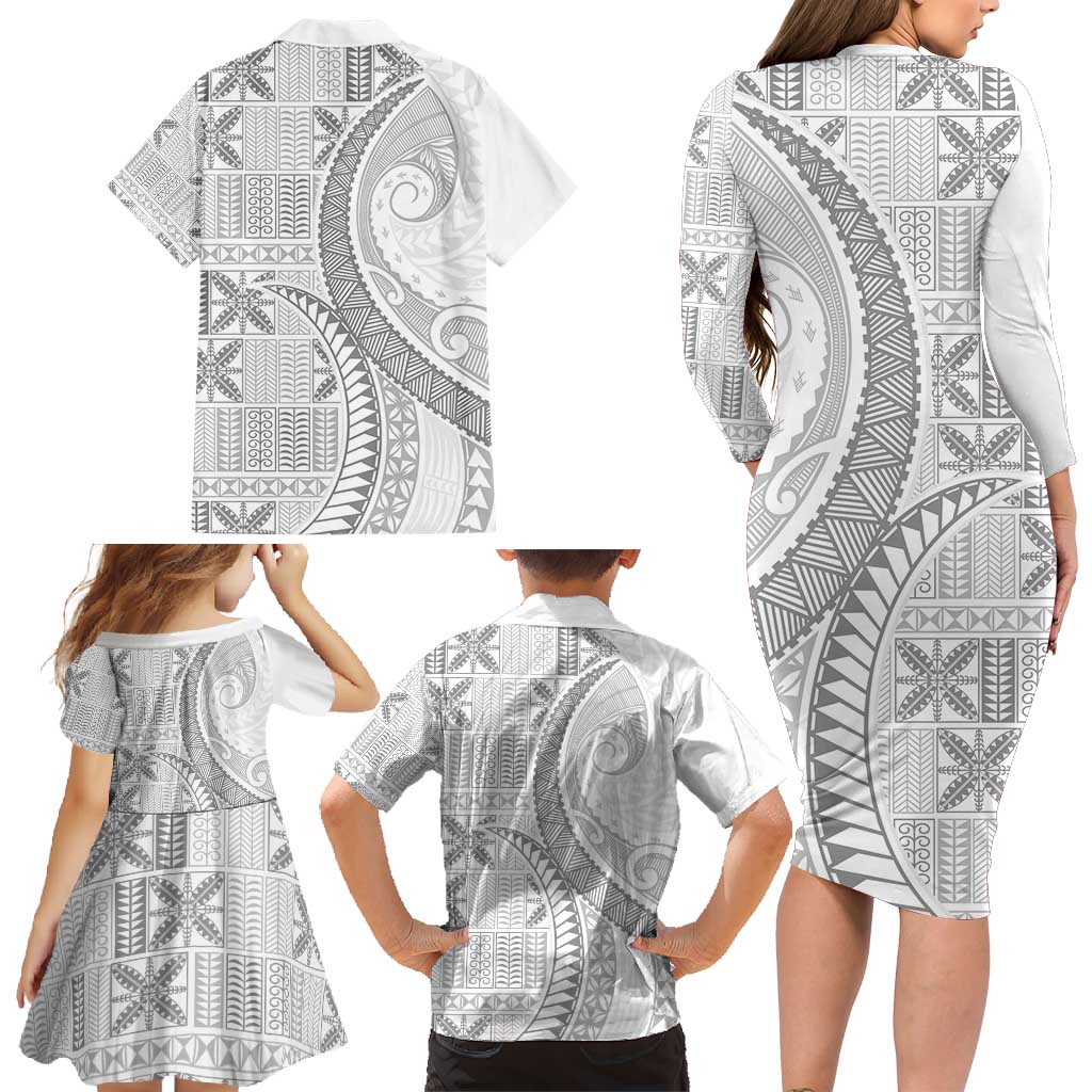 Niue White Sunday Family Matching Long Sleeve Bodycon Dress and Hawaiian Shirt Niuean Lotu Tamaiti Hiapo Pattern LT9 - Polynesian Pride