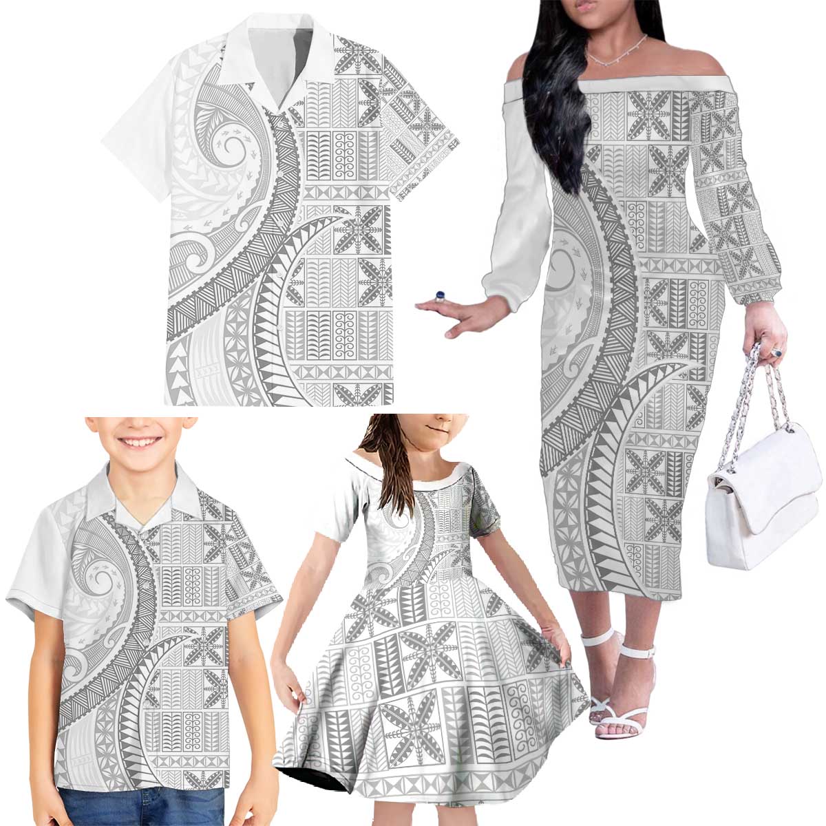 Niue White Sunday Family Matching Off The Shoulder Long Sleeve Dress and Hawaiian Shirt Niuean Lotu Tamaiti Hiapo Pattern LT9 - Polynesian Pride