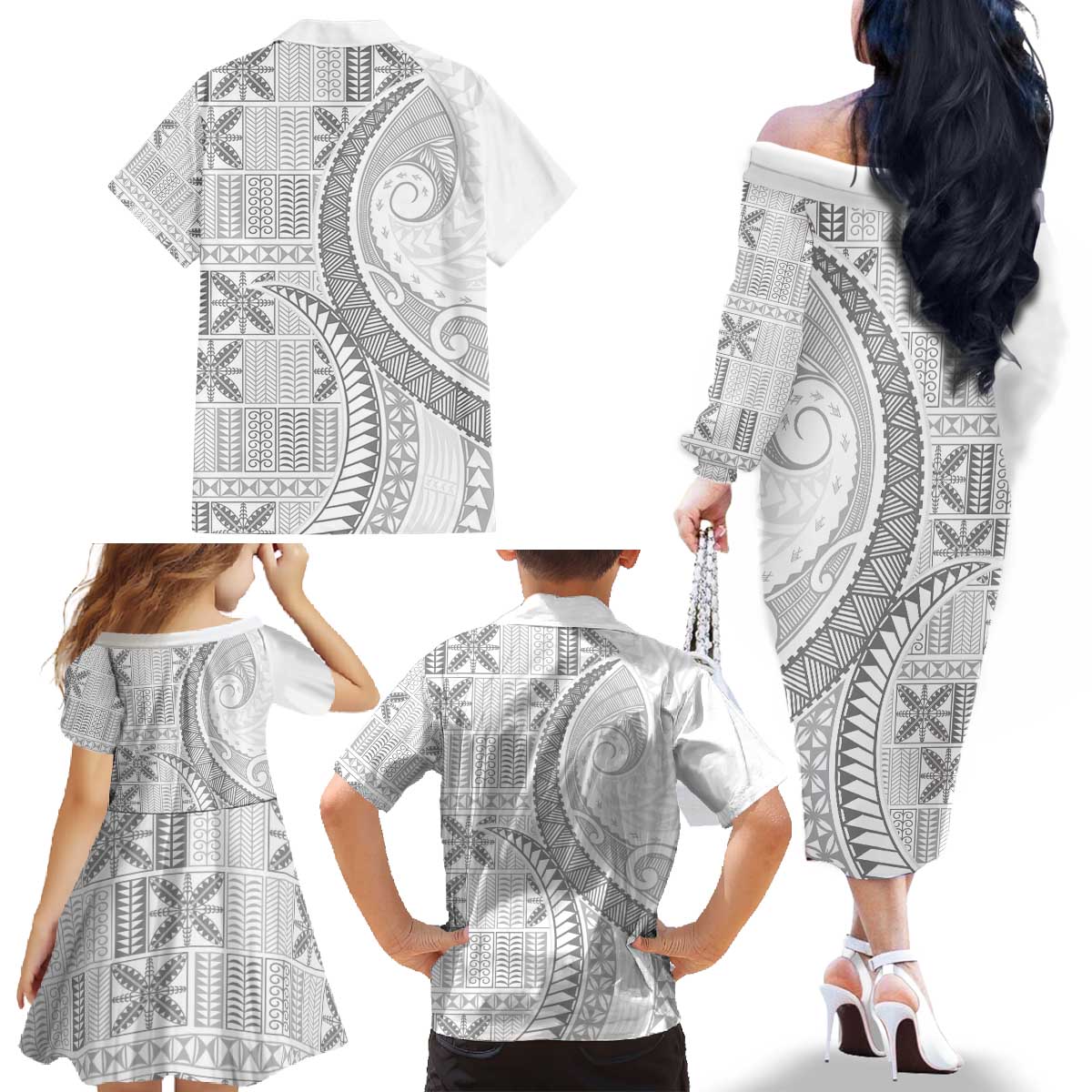Niue White Sunday Family Matching Off The Shoulder Long Sleeve Dress and Hawaiian Shirt Niuean Lotu Tamaiti Hiapo Pattern LT9 - Polynesian Pride