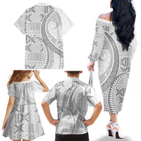 Niue White Sunday Family Matching Off The Shoulder Long Sleeve Dress and Hawaiian Shirt Niuean Lotu Tamaiti Hiapo Pattern LT9 - Polynesian Pride