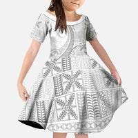 Niue White Sunday Family Matching Off Shoulder Maxi Dress and Hawaiian Shirt Niuean Lotu Tamaiti Hiapo Pattern LT9 Daughter's Dress White - Polynesian Pride