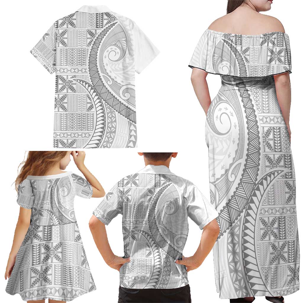 Niue White Sunday Family Matching Off Shoulder Maxi Dress and Hawaiian Shirt Niuean Lotu Tamaiti Hiapo Pattern LT9 - Polynesian Pride