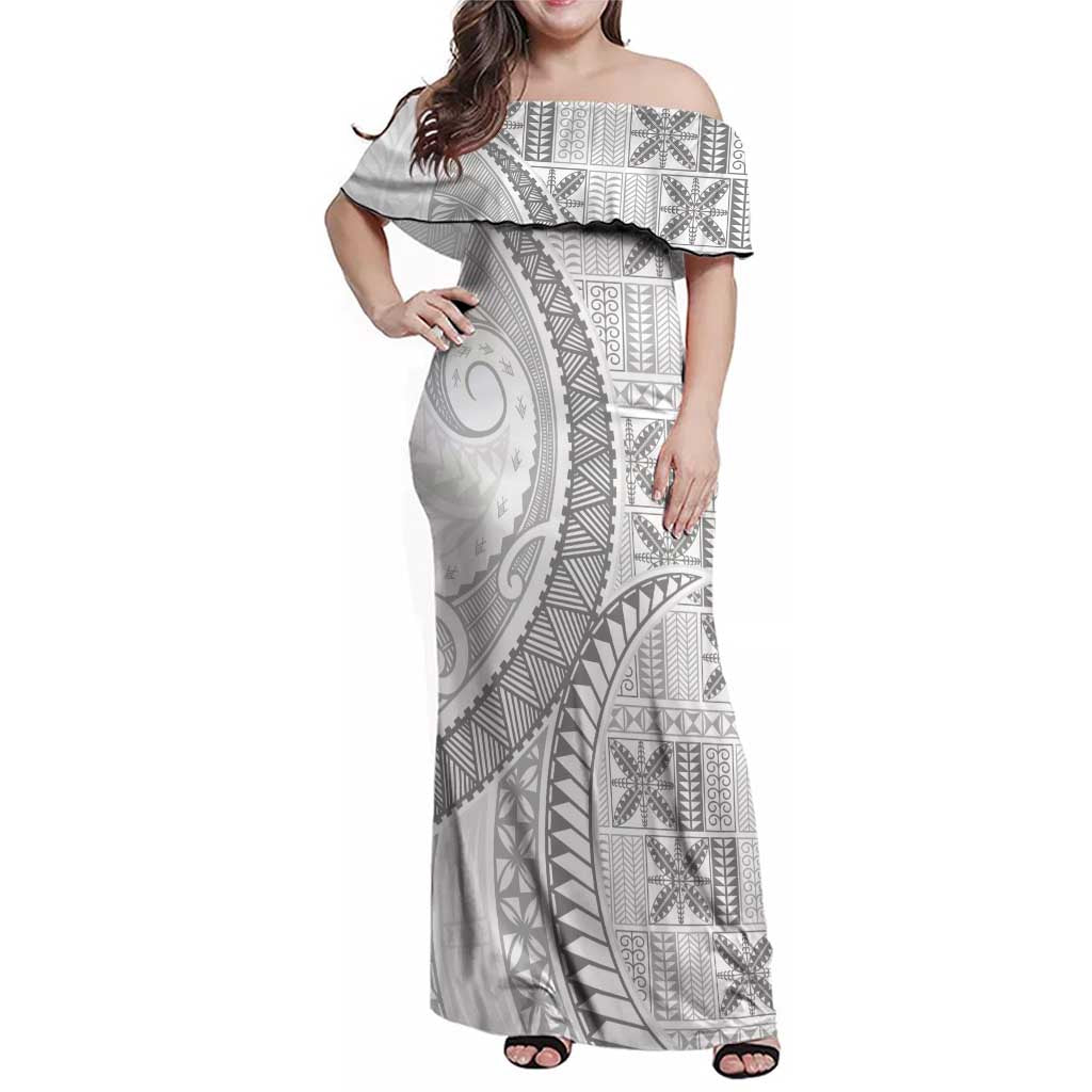 Niue White Sunday Family Matching Off Shoulder Maxi Dress and Hawaiian Shirt Niuean Lotu Tamaiti Hiapo Pattern LT9 Mom's Dress White - Polynesian Pride