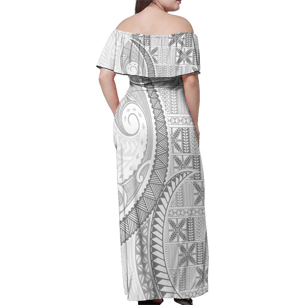 Niue White Sunday Family Matching Off Shoulder Maxi Dress and Hawaiian Shirt Niuean Lotu Tamaiti Hiapo Pattern LT9 - Polynesian Pride