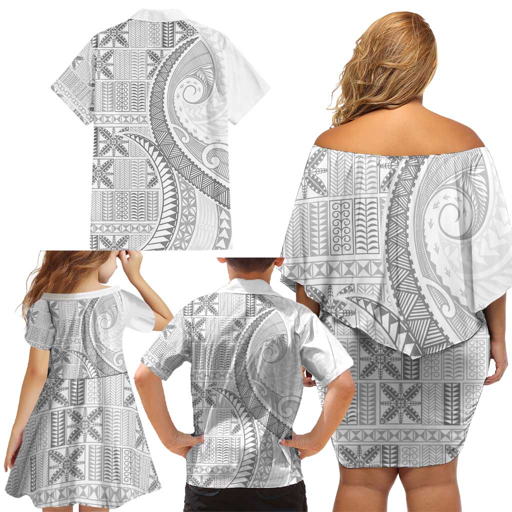 Niue White Sunday Family Matching Off Shoulder Short Dress and Hawaiian Shirt Niuean Lotu Tamaiti Hiapo Pattern LT9 - Polynesian Pride