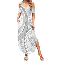Niue White Sunday Family Matching Summer Maxi Dress and Hawaiian Shirt Niuean Lotu Tamaiti Hiapo Pattern LT9 Mom's Dress White - Polynesian Pride