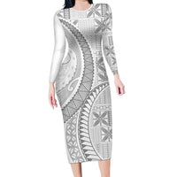 Niue White Sunday Long Sleeve Bodycon Dress Niuean Lotu Tamaiti Hiapo Pattern LT9 Long Dress White - Polynesian Pride