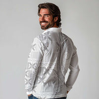 Niue White Sunday Long Sleeve Polo Shirt Niuean Lotu Tamaiti Hiapo Pattern - Polynesian Pride