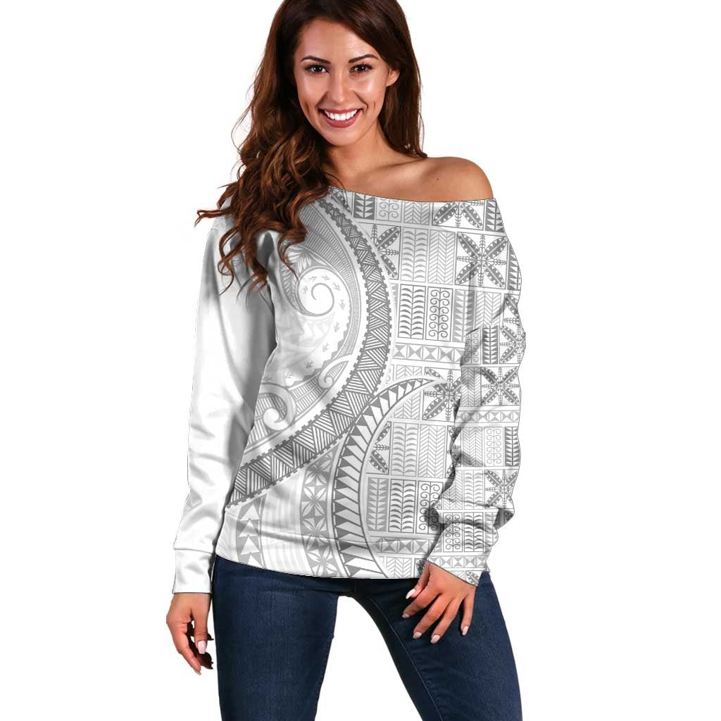 Niue White Sunday Off Shoulder Sweater Niuean Lotu Tamaiti Hiapo Pattern - Polynesian Pride
