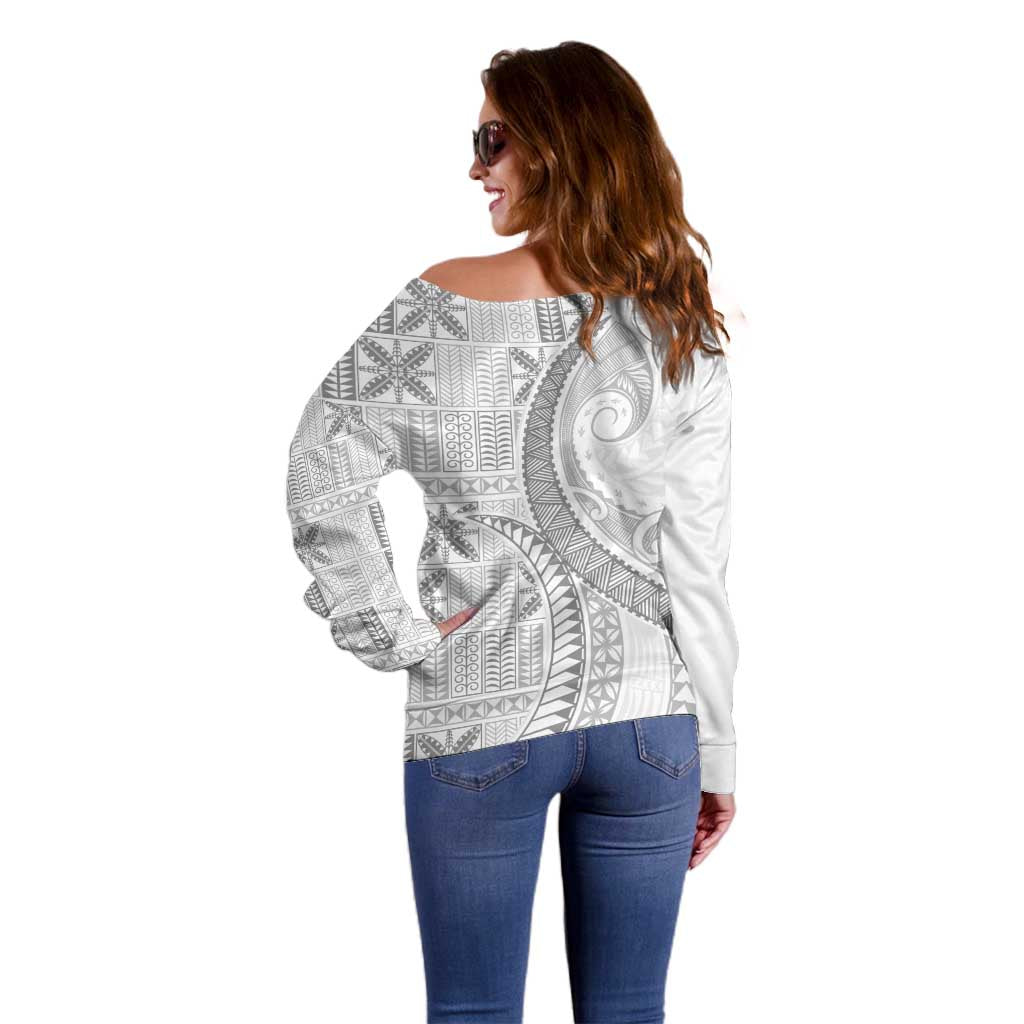 Niue White Sunday Off Shoulder Sweater Niuean Lotu Tamaiti Hiapo Pattern - Polynesian Pride