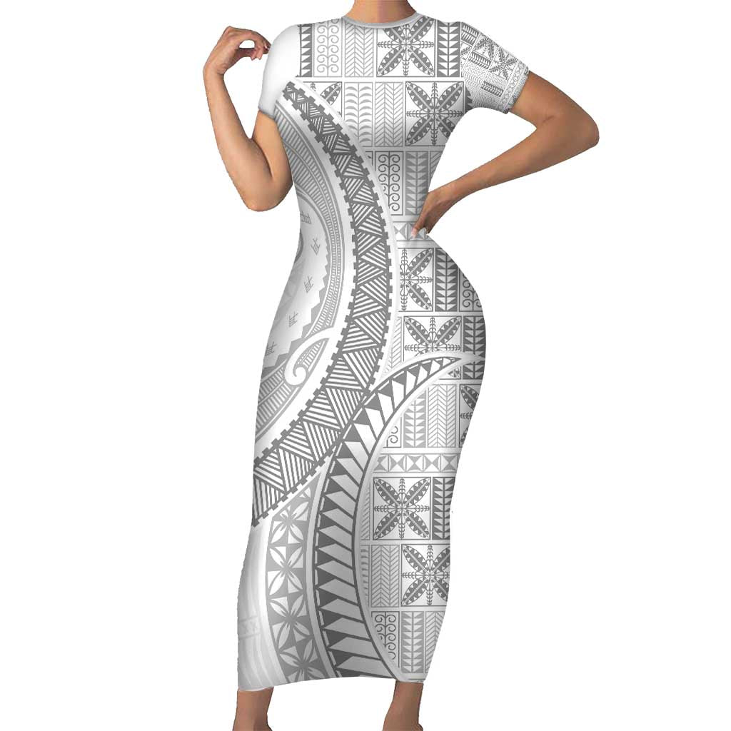 Niue White Sunday Short Sleeve Bodycon Dress Niuean Lotu Tamaiti Hiapo Pattern LT9 Long Dress White - Polynesian Pride