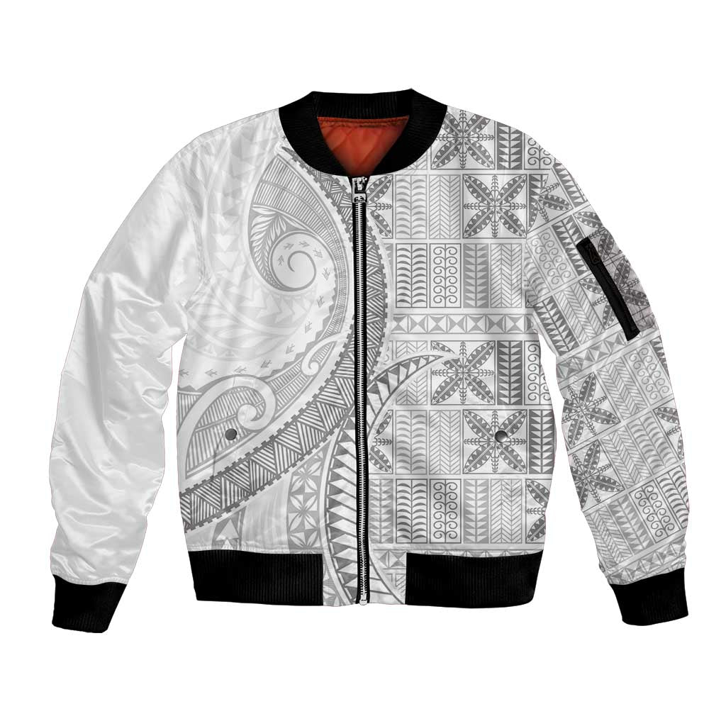 Niue White Sunday Sleeve Zip Bomber Jacket Niuean Lotu Tamaiti Hiapo Pattern LT9 Unisex White - Polynesian Pride