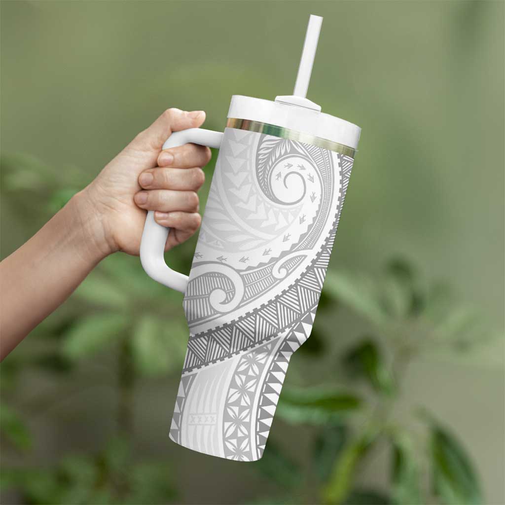 Niue White Sunday Tumbler With Handle Niuean Lotu Tamaiti Hiapo Pattern - Polynesian Pride