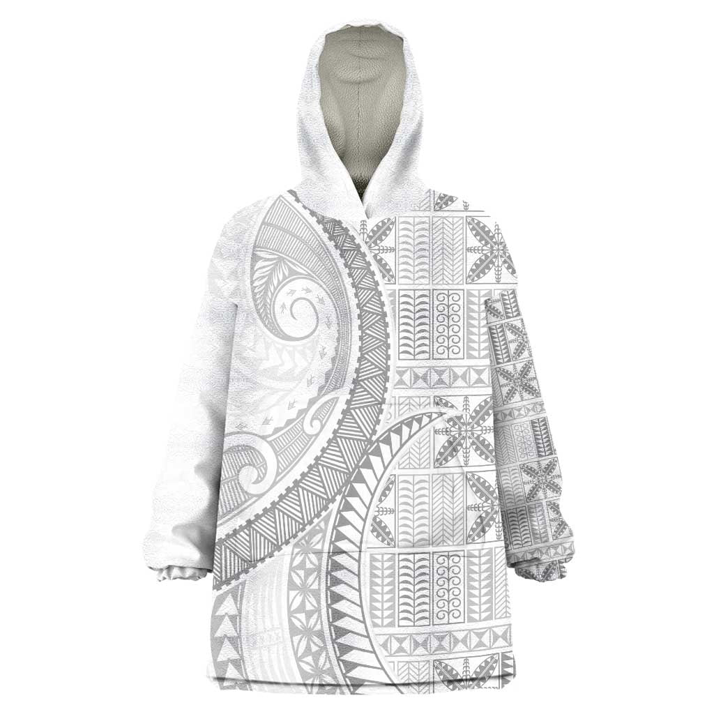 Niue White Sunday Wearable Blanket Hoodie Niuean Lotu Tamaiti Hiapo Pattern LT9 One Size White - Polynesian Pride
