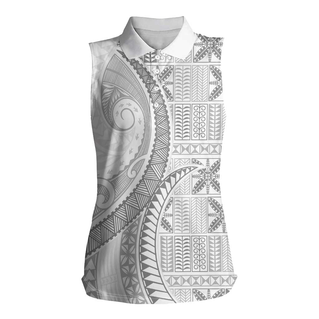 Niue White Sunday Women Sleeveless Polo Shirt Niuean Lotu Tamaiti Hiapo Pattern LT9 Female White - Polynesian Pride