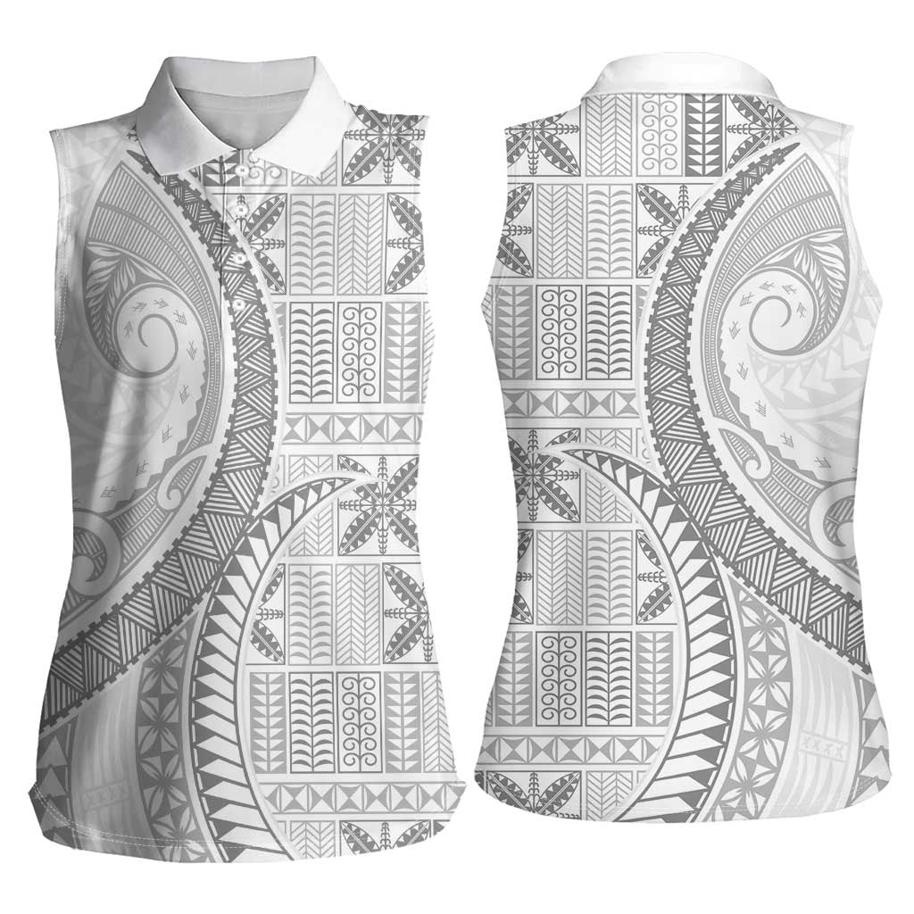Niue White Sunday Women Sleeveless Polo Shirt Niuean Lotu Tamaiti Hiapo Pattern LT9 - Polynesian Pride