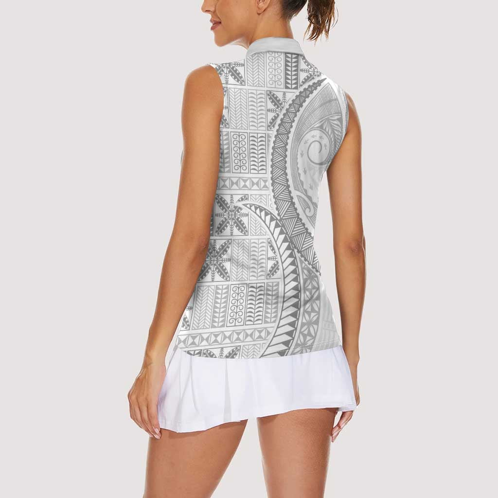Niue White Sunday Women Sleeveless Polo Shirt Niuean Lotu Tamaiti Hiapo Pattern LT9 - Polynesian Pride