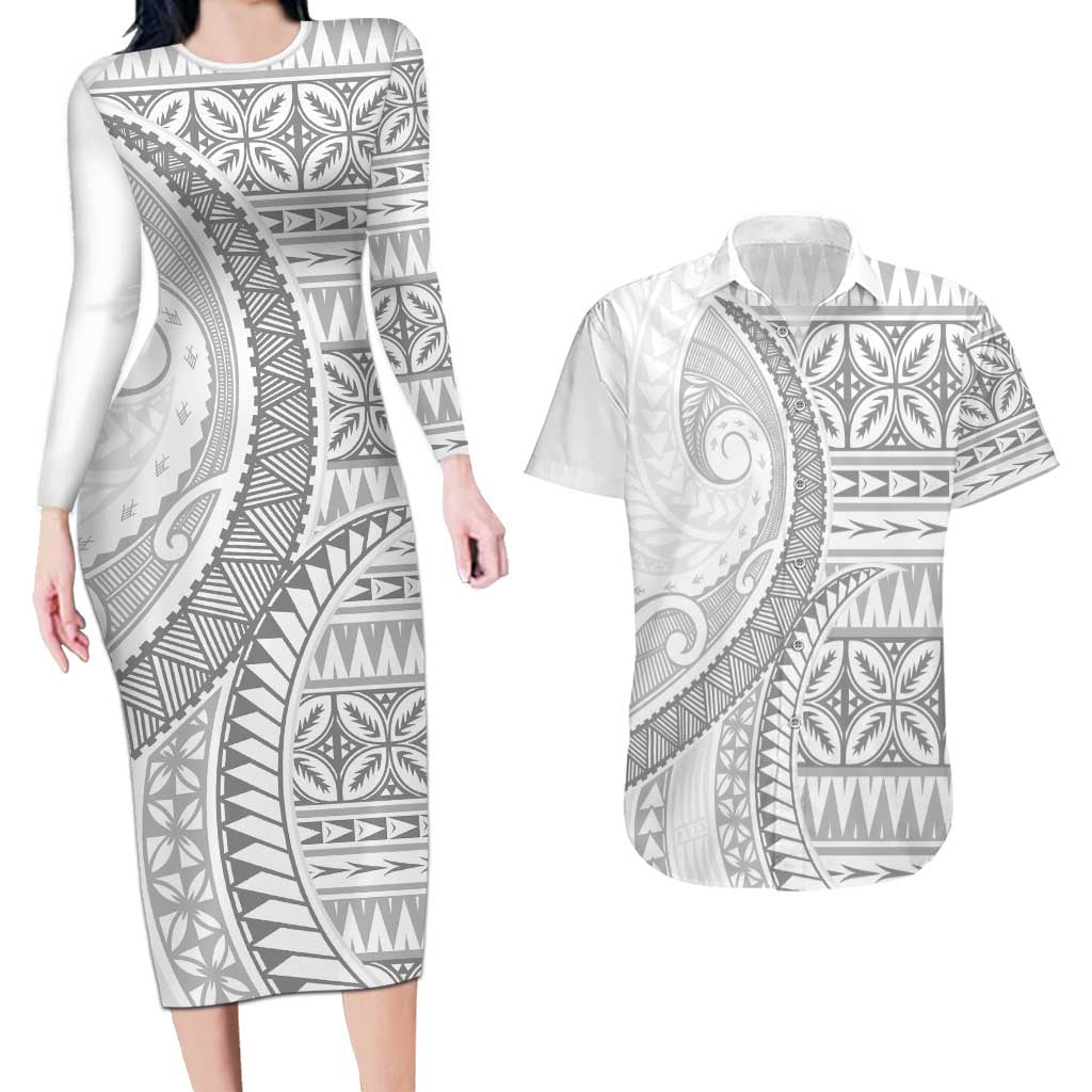 Polynesian White Sunday Couples Matching Long Sleeve Bodycon Dress and Hawaiian Shirt Lotu Tamaiti Melanesian Pattern LT9 White - Polynesian Pride