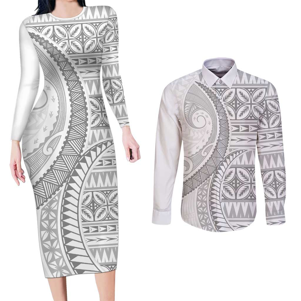 Polynesian White Sunday Couples Matching Long Sleeve Bodycon Dress and Long Sleeve Button Shirt Lotu Tamaiti Melanesian Pattern LT9 White - Polynesian Pride