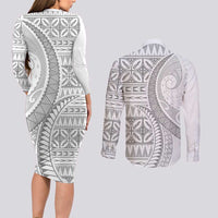 Polynesian White Sunday Couples Matching Long Sleeve Bodycon Dress and Long Sleeve Button Shirt Lotu Tamaiti Melanesian Pattern LT9 - Polynesian Pride